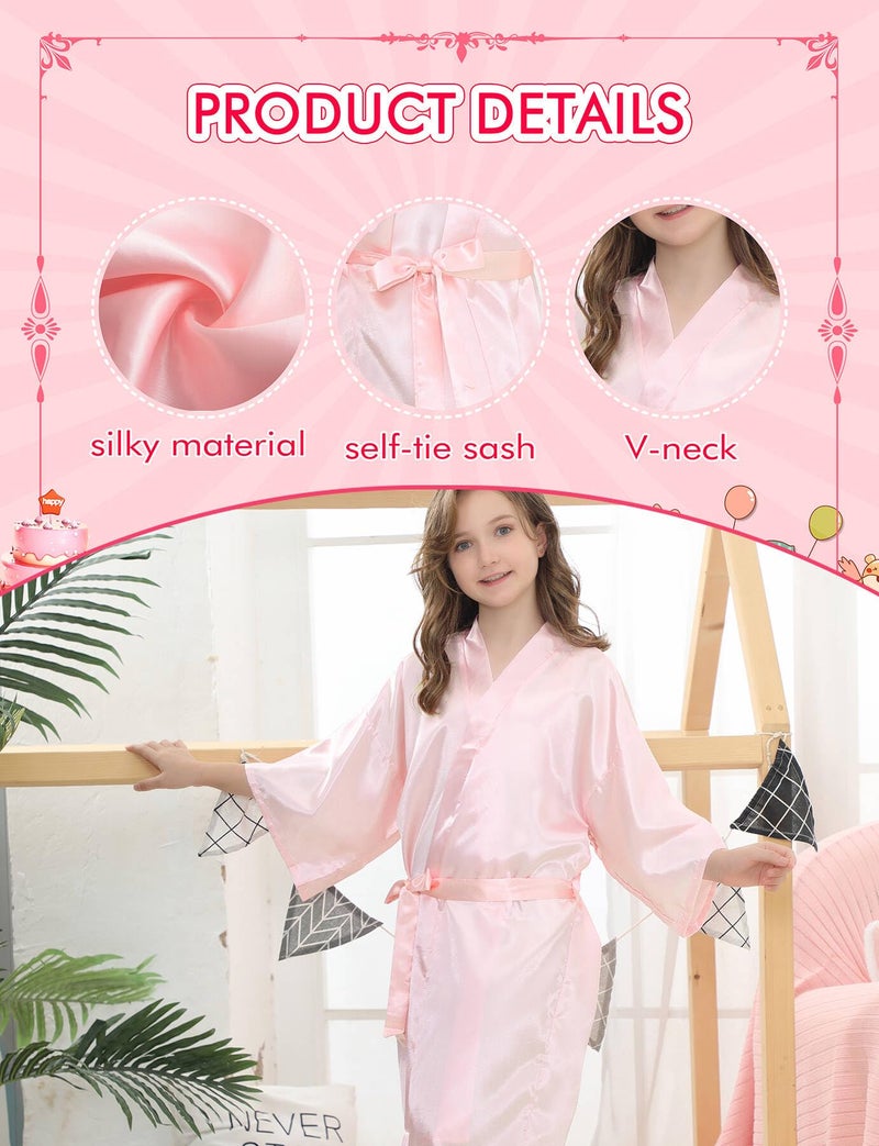 EPLAZA Kids Girls Satin Robe with Hair Band Eye Mask for Birthday Spa Bridal Party Flower Girls Wedding Robes Kimono (Pink, Tag 12) - Image 5